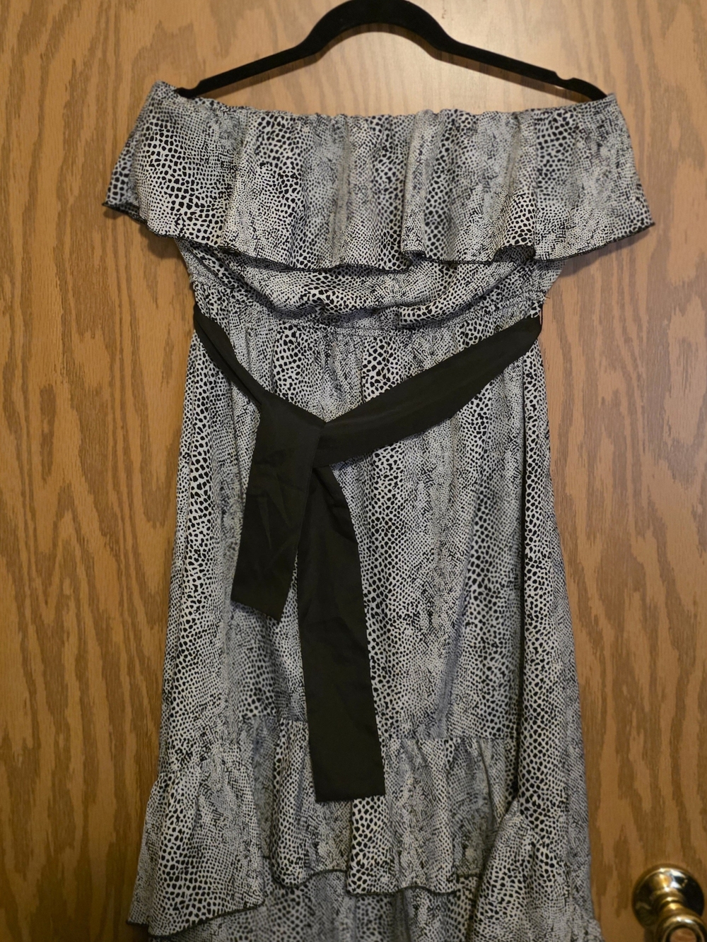 Off-Shoulder Black & White Asymmetrical Ruffle Dress with Waist Sash